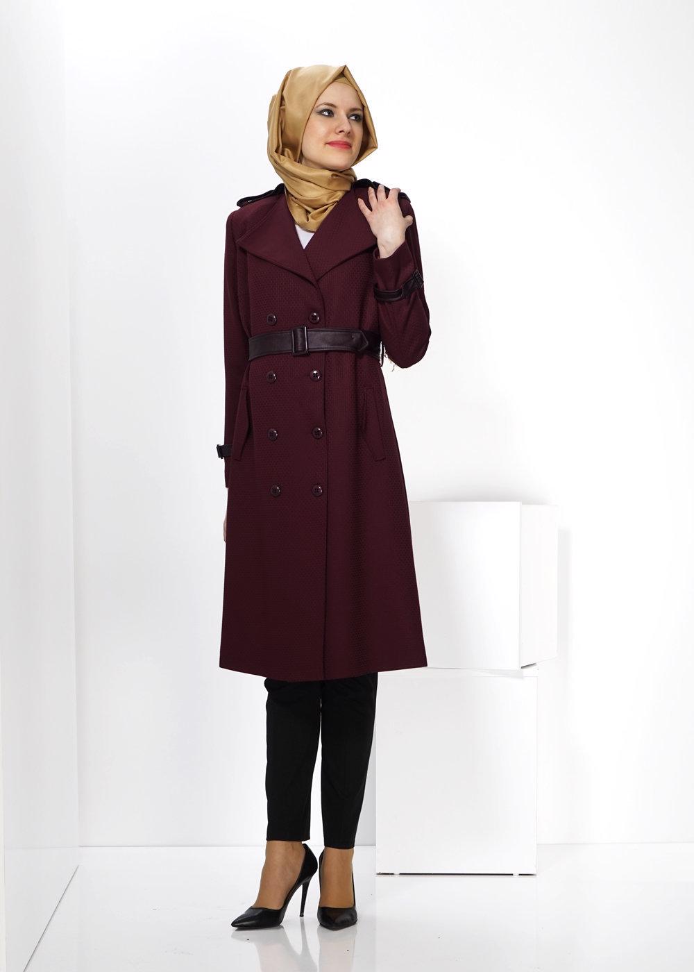 Tesettür giyim BORDO ALVİNA KUŞAKLI DÜĞMELİ TRENÇKOT 1412 