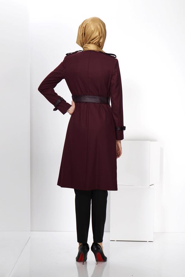 Hijab clothing CLARET RED ALVİNA BELTED BUTTONED TRENCH COAT 1412  - TRENDTESETTÜR