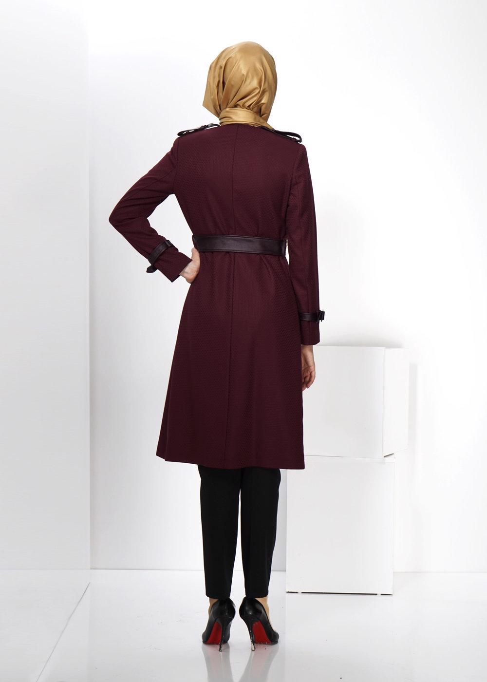 Tesettür giyim BORDO ALVİNA KUŞAKLI DÜĞMELİ TRENÇKOT 1412 