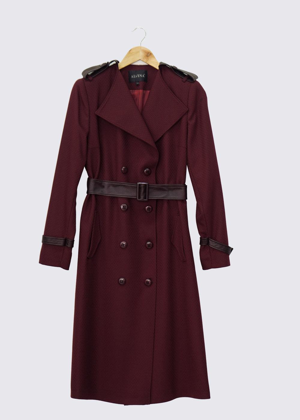 Tesettür giyim BORDO ALVİNA KUŞAKLI DÜĞMELİ TRENÇKOT 1412 