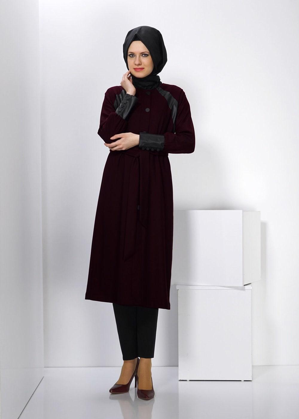 Hijab clothing CLARET RED TRENCH COAT WITH BUTTON AND LEATHER DETAIL CUFFS 1413