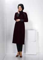 Hijab clothing CLARET RED TRENCH COAT WITH BUTTON AND LEATHER DETAIL CUFFS 1413