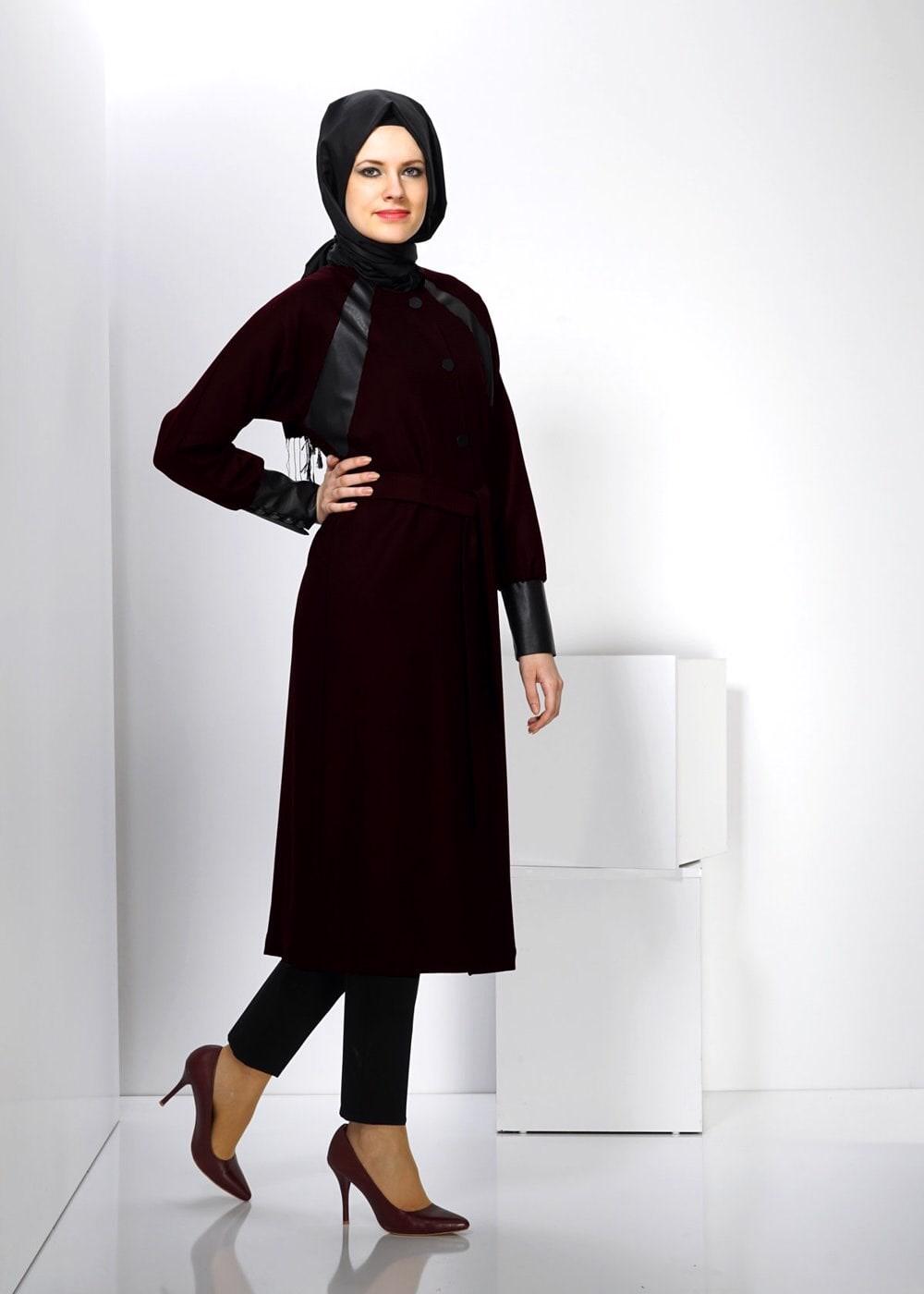 Hijab clothing CLARET RED TRENCH COAT WITH BUTTON AND LEATHER DETAIL CUFFS 1413