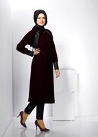 Hijab clothing CLARET RED TRENCH COAT WITH BUTTON AND LEATHER DETAIL CUFFS 1413