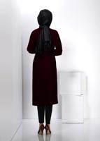 Hijab clothing CLARET RED TRENCH COAT WITH BUTTON AND LEATHER DETAIL CUFFS 1413 