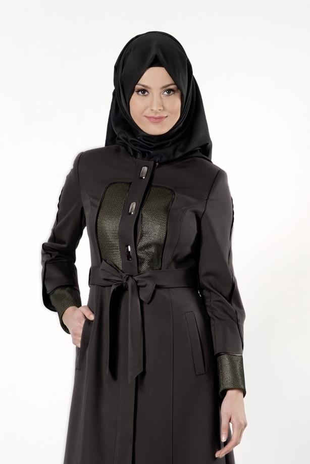 Tesettür giyim SİYAH ALVİNA PARLAK KUMAŞ DETAYLI PARDESÜ 1602  - TRENDTESETTÜR