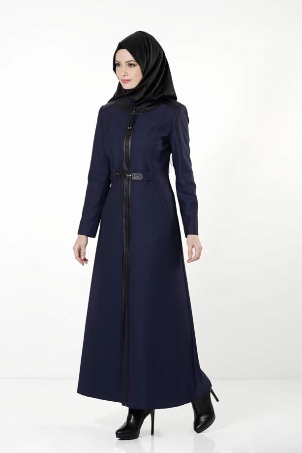 Hijab clothing NAVY BLUE LEATHER DETAIL BELTED ZIPPERED TOPCOAT 1681-2  - TRENDTESETTÜR