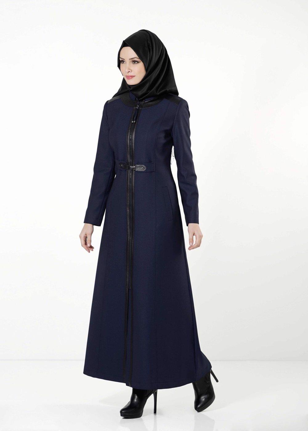 Hijab clothing NAVY BLUE LEATHER DETAIL BELTED ZIPPERED TOPCOAT 1681-2 