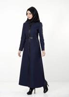 Hijab clothing NAVY BLUE LEATHER DETAIL BELTED ZIPPERED TOPCOAT 1681-2 