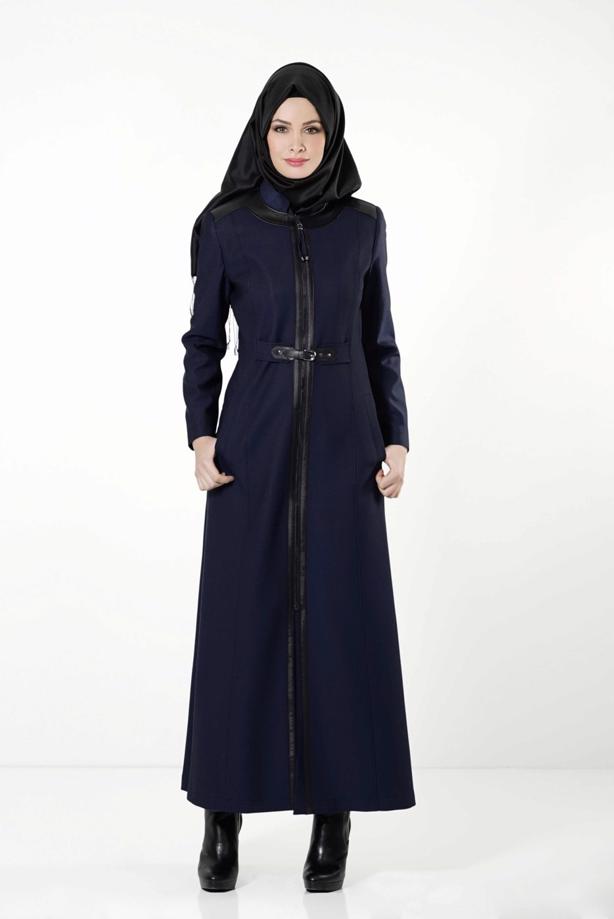 Hijab clothing NAVY BLUE LEATHER DETAIL BELTED ZIPPERED TOPCOAT 1681-2  - TRENDTESETTÜR