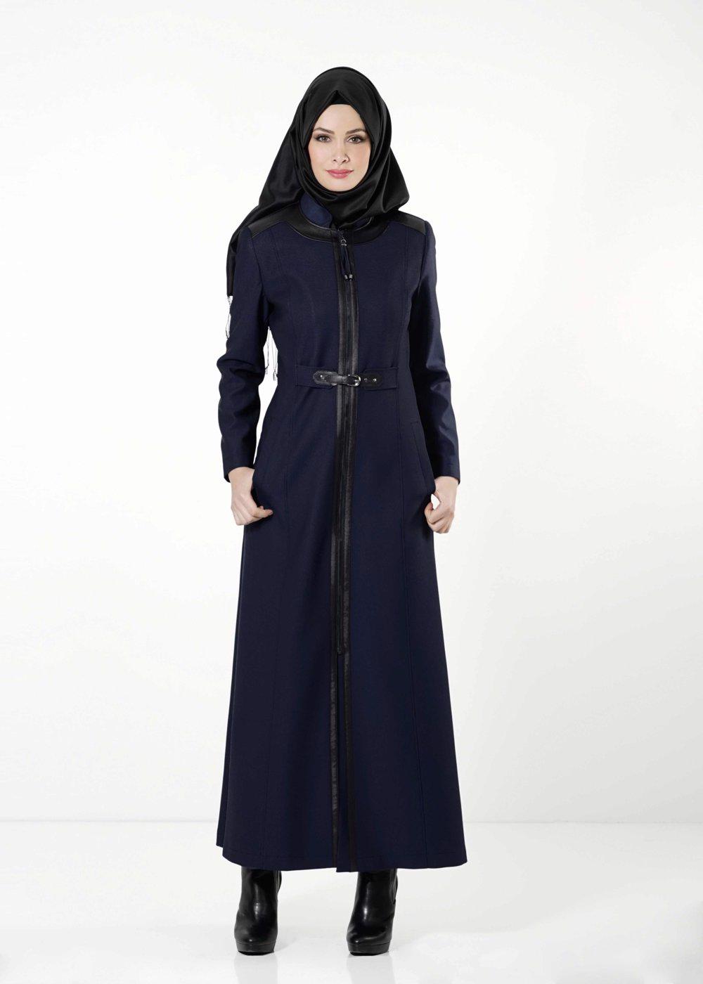 Hijab clothing NAVY BLUE LEATHER DETAIL BELTED ZIPPERED TOPCOAT 1681-2 