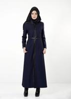 Hijab clothing NAVY BLUE LEATHER DETAIL BELTED ZIPPERED TOPCOAT 1681-2 