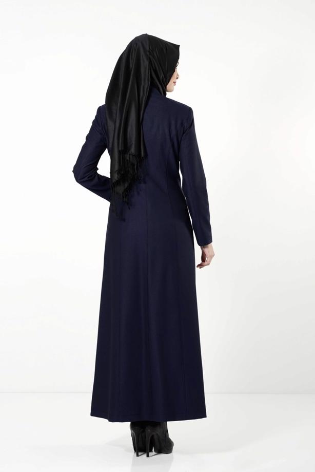Hijab clothing NAVY BLUE LEATHER DETAIL BELTED ZIPPERED TOPCOAT 1681-2  - TRENDTESETTÜR