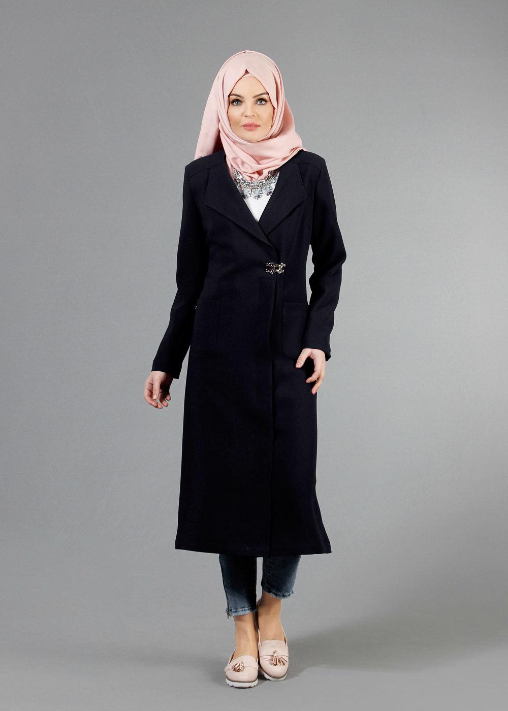 Tesettür giyim SİYAH ALVİNA CEPLİ TRENÇKOT 1791 