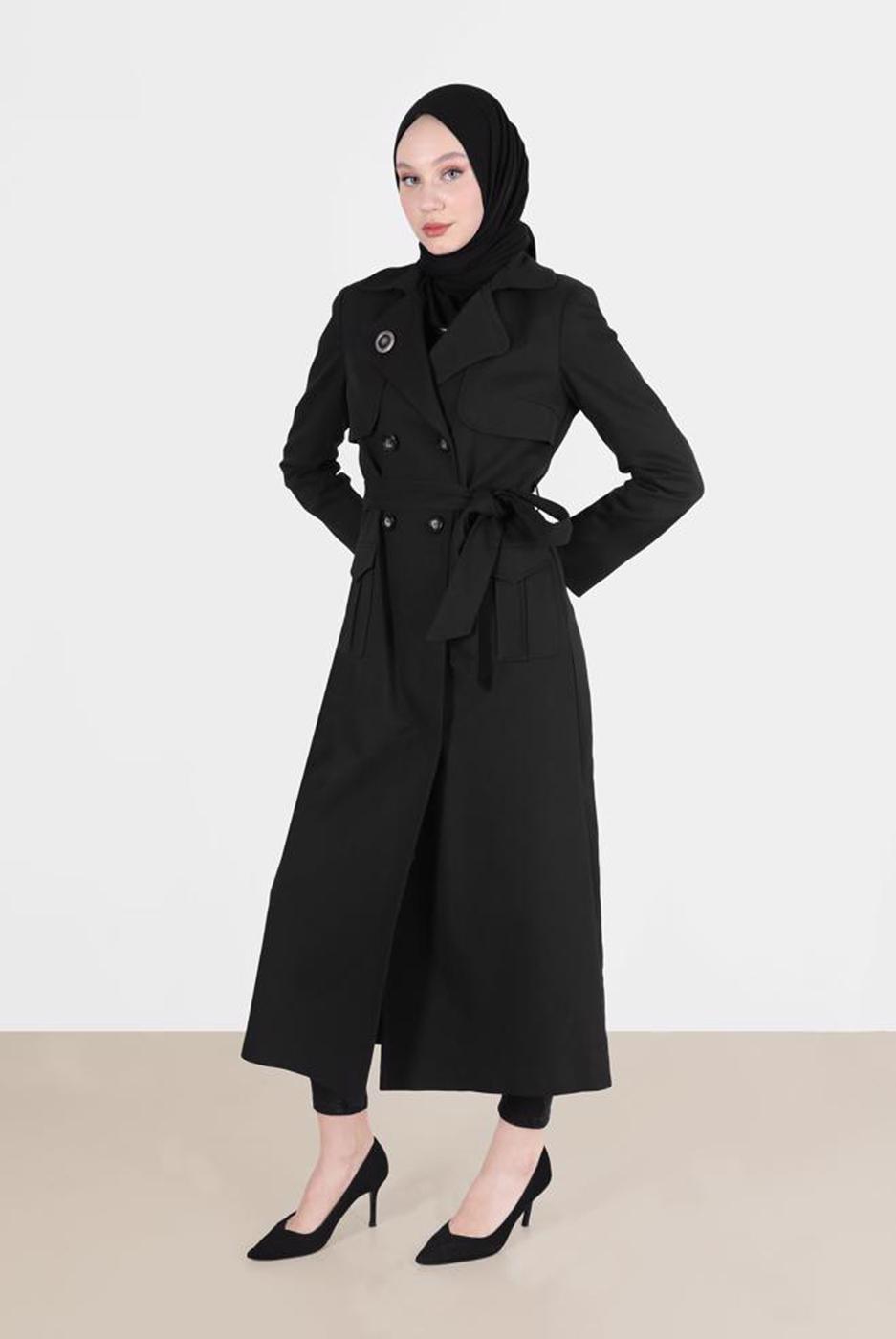 Tesettür giyim SİYAH ALVİNA PAMUKLU KRUVAZE PARDESÜ 1877 
