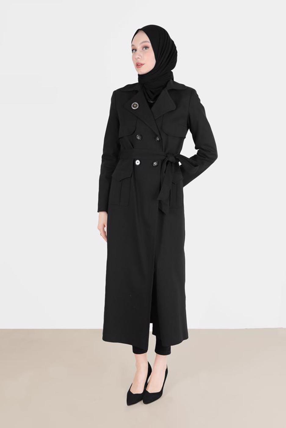 Tesettür giyim SİYAH ALVİNA PAMUKLU KRUVAZE PARDESÜ 1877 