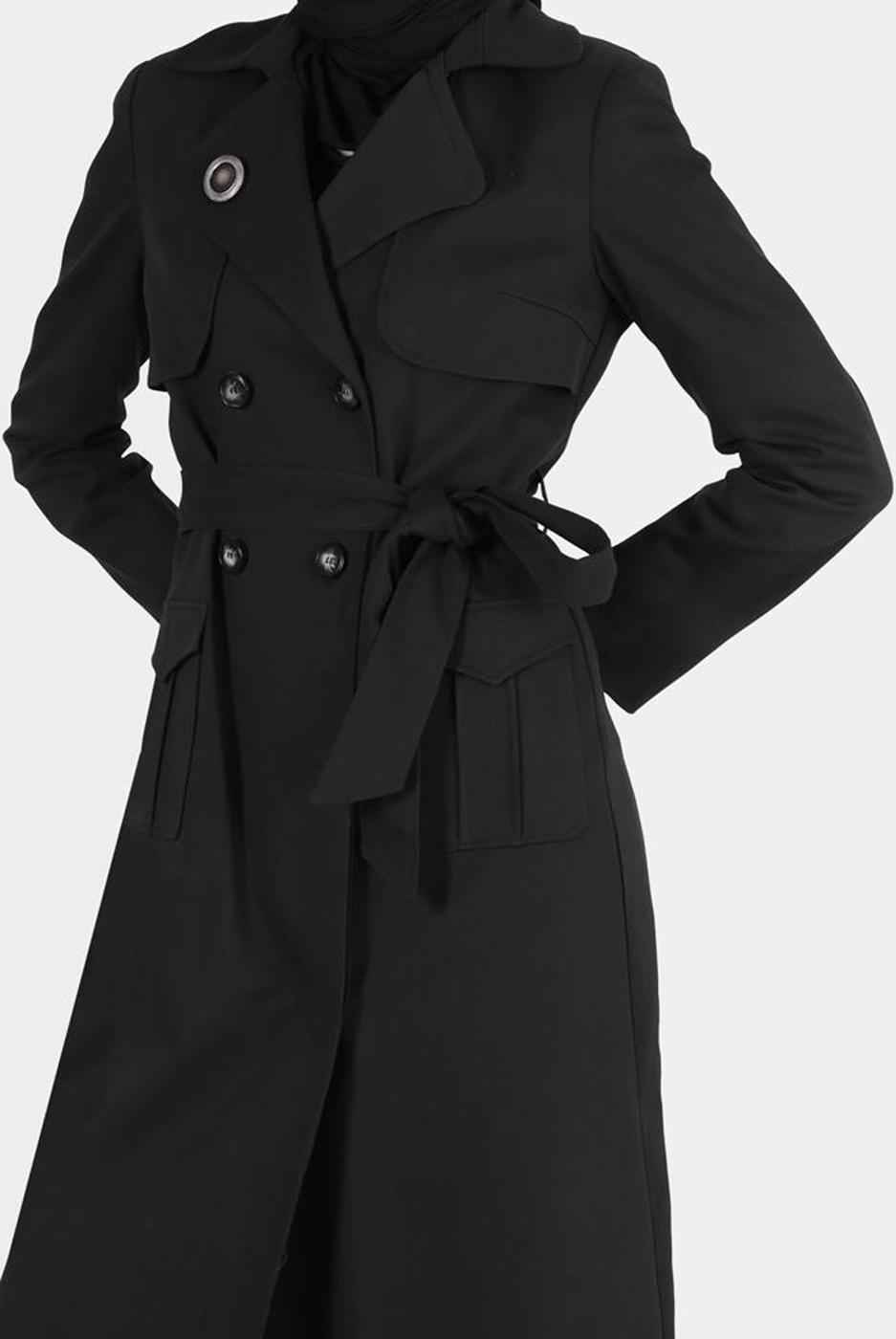 Tesettür giyim SİYAH ALVİNA PAMUKLU KRUVAZE PARDESÜ 1877 