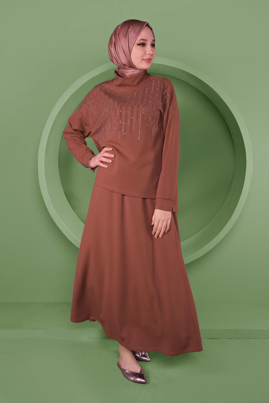 Hijab clothing ORANGE ALVINA GEM EMBROIDERED 2-PIECE SKIRT SUIT T 41413