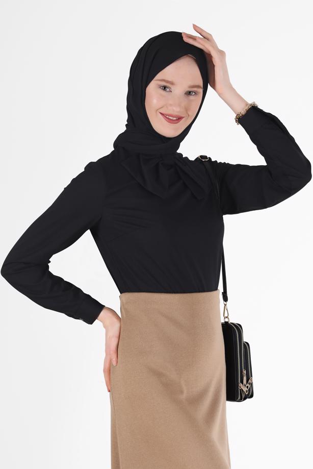 Hijab clothing BLACK ZIPPERED BLOUSE WITH TIED BOW DETAIL 40202 - TRENDTESETTÜR