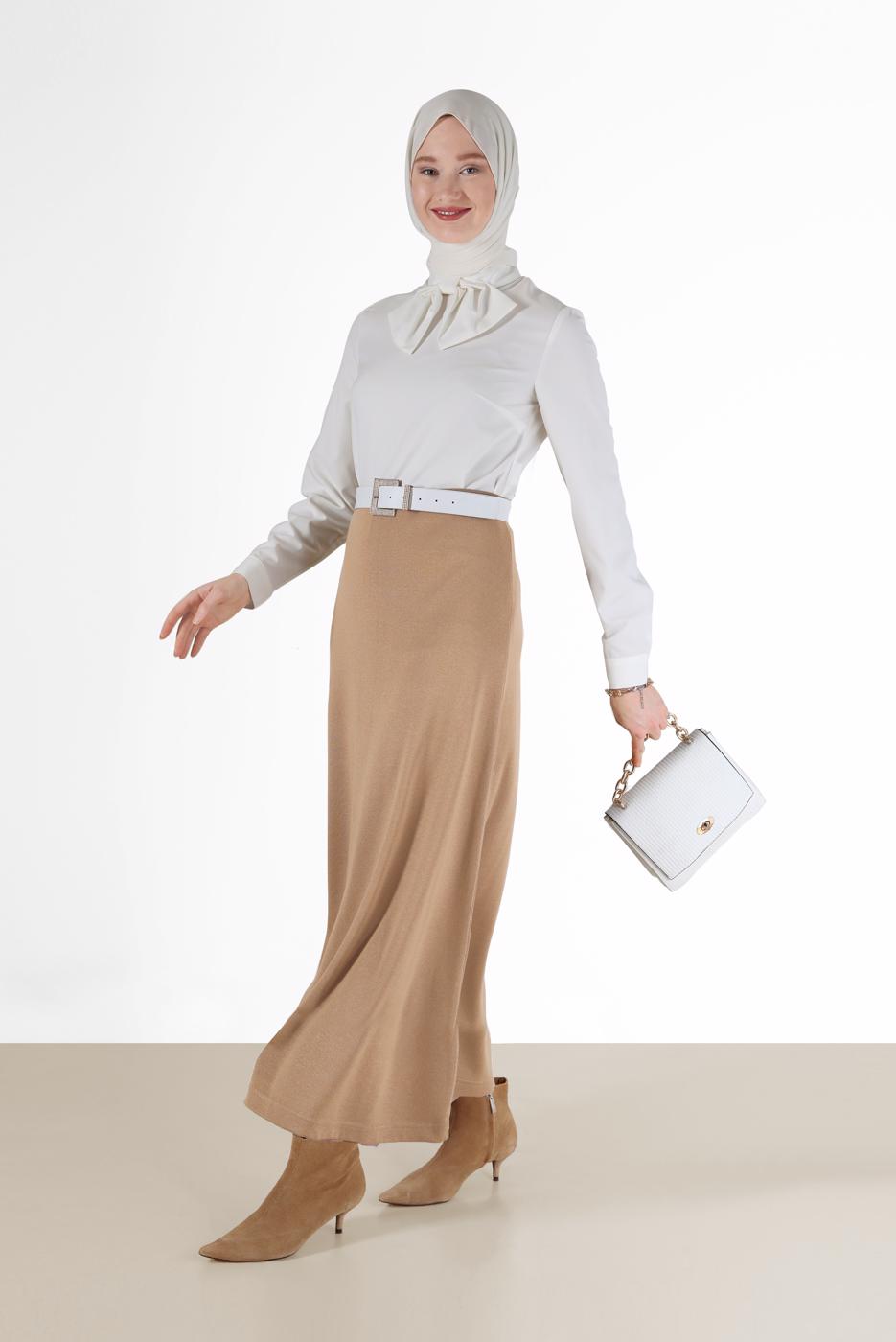 Hijab clothing CREAM ZIPPERED BLOUSE WITH TIED BOW DETAIL 40202