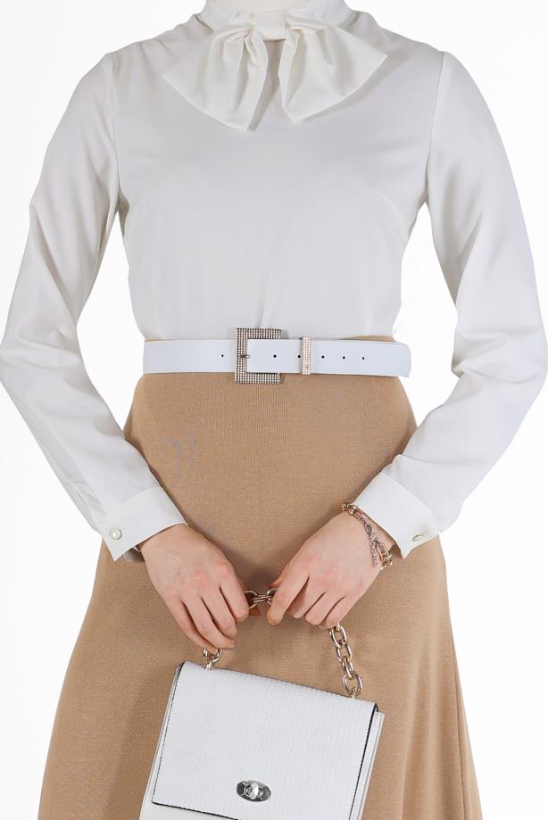 Hijab clothing CREAM ZIPPERED BLOUSE WITH TIED BOW DETAIL 40202 - TRENDTESETTÜR