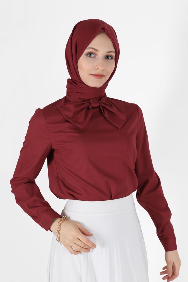 Hijab clothing CLARET RED ZIPPERED BLOUSE WITH TIED BOW DETAIL 40202 - TRENDTESETTÜR
