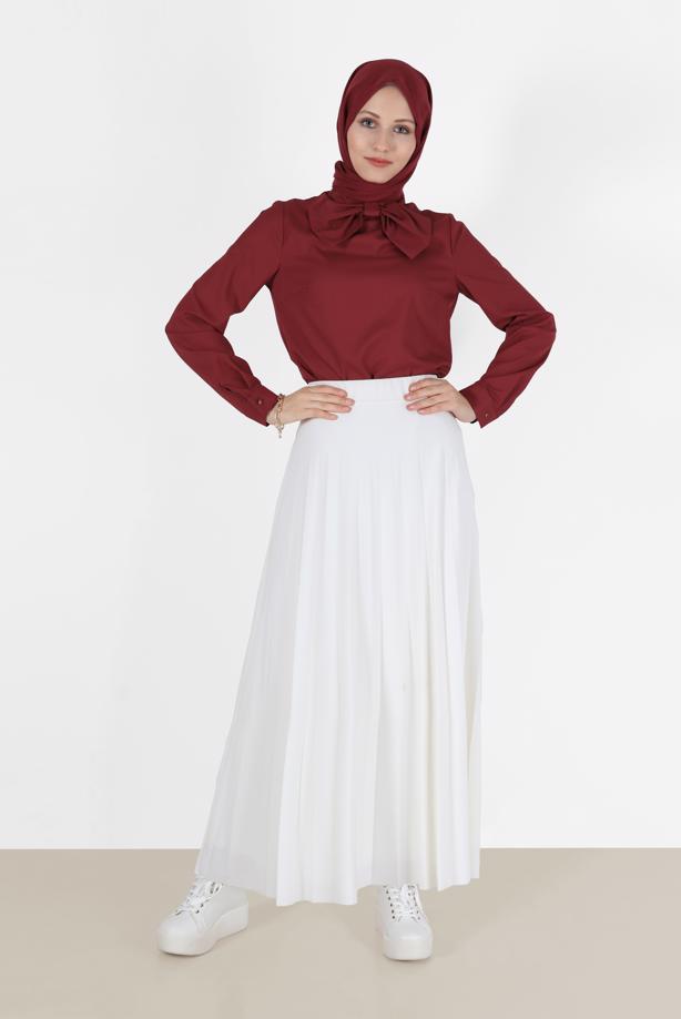 Hijab clothing CLARET RED ZIPPERED BLOUSE WITH TIED BOW DETAIL 40202 - TRENDTESETTÜR