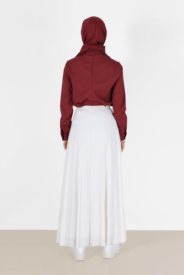 Hijab clothing CLARET RED ZIPPERED BLOUSE WITH TIED BOW DETAIL 40202 - TRENDTESETTÜR