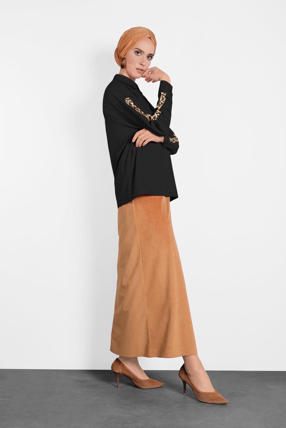 Hijab clothing BLACK ALVİNA LEOPARD PATTERN DETAIL BUTTONED BLOUSE 40288 