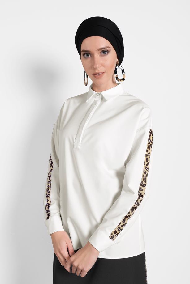 Hijab clothing CREAM ALVİNA LEOPARD PATTERN DETAIL BUTTONED BLOUSE 40288  - TRENDTESETTÜR