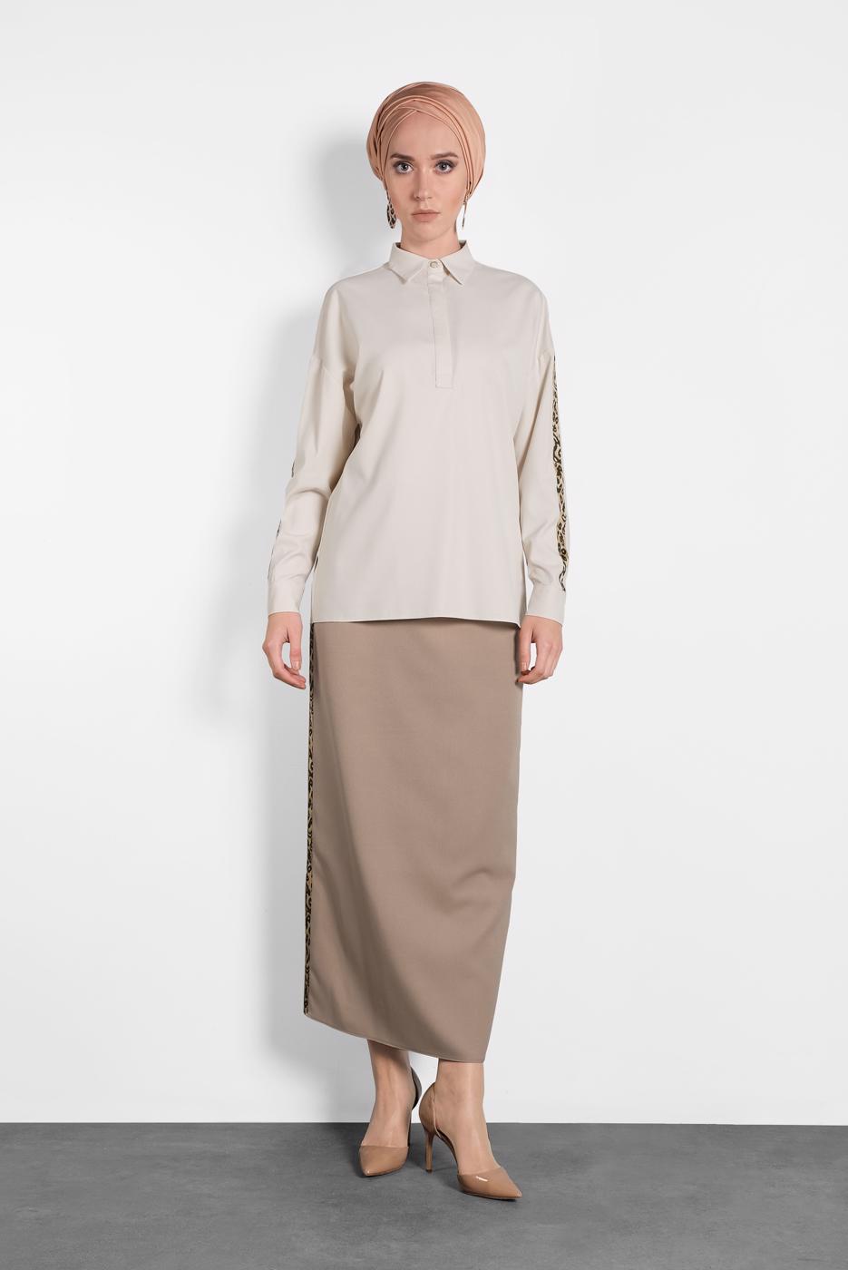 Hijab clothing BEIGE ALVİNA LEOPARD PATTERN DETAIL BUTTONED BLOUSE 40288 