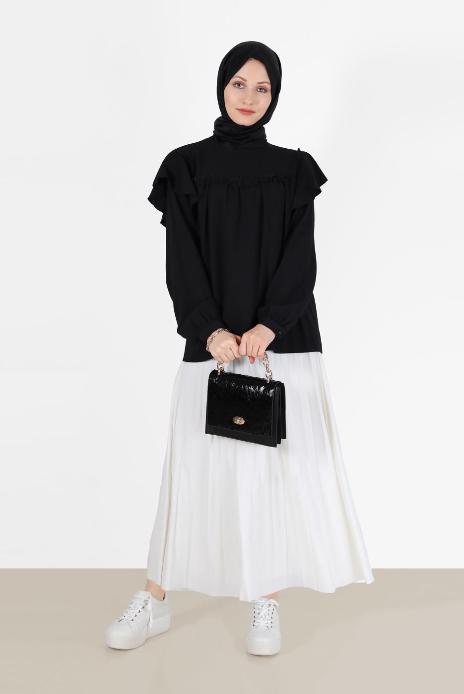 Hijab clothing BLACK GUIPURE DETAIL FRILLED BLOUSE 40332 