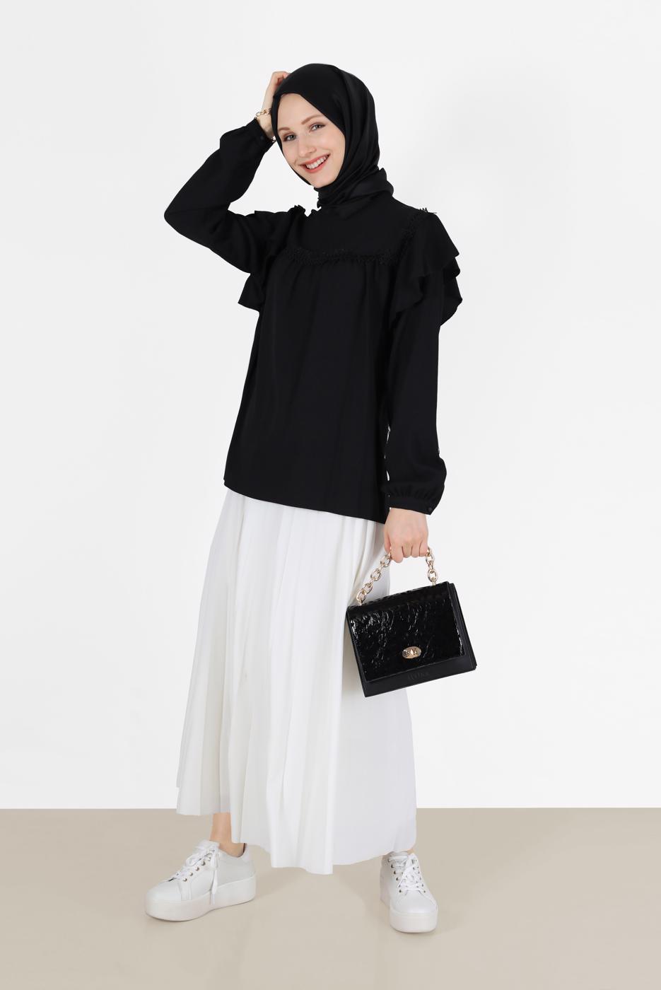 Hijab clothing BLACK GUIPURE DETAIL FRILLED BLOUSE 40332 