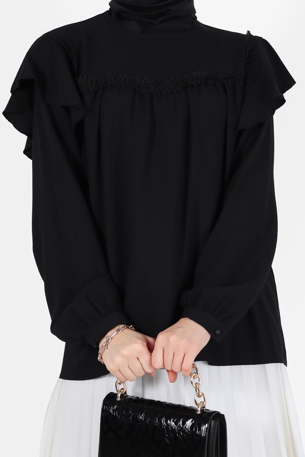 Hijab clothing BLACK GUIPURE DETAIL FRILLED BLOUSE 40332  - TRENDTESETTÜR