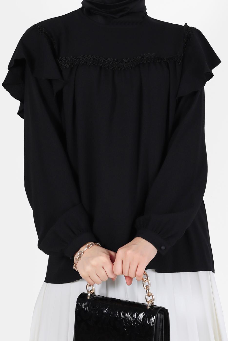 Hijab clothing BLACK GUIPURE DETAIL FRILLED BLOUSE 40332 