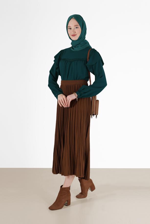 Hijab clothing GREEN GUIPURE DETAIL FRILLED BLOUSE 40332  - TRENDTESETTÜR