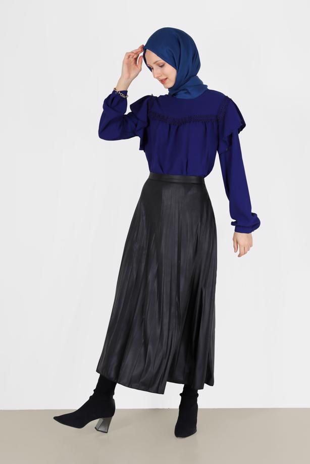 Hijab clothing NAVY BLUE GUIPURE DETAIL FRILLED BLOUSE 40332  - TRENDTESETTÜR