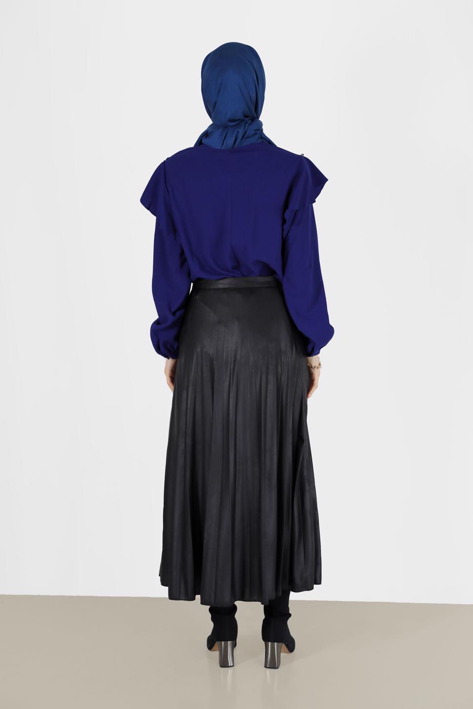 Tesettür giyim LACİVERT KOLLARI VOLANLI GÜPÜR DETAYLI BLUZ 40332 