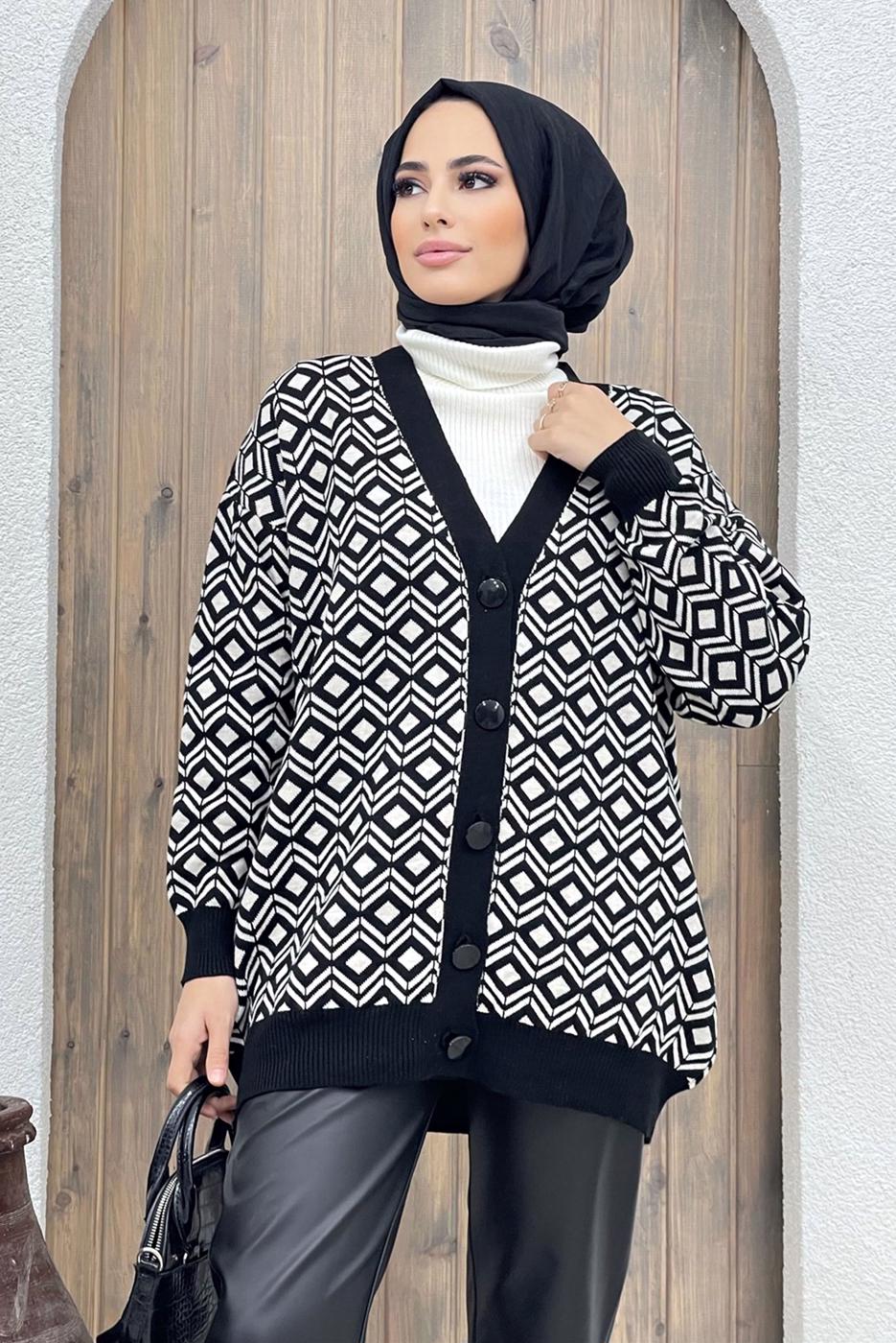 Tesettür giyim SİYAH DESENLİ TRİKO HIRKA 0001 