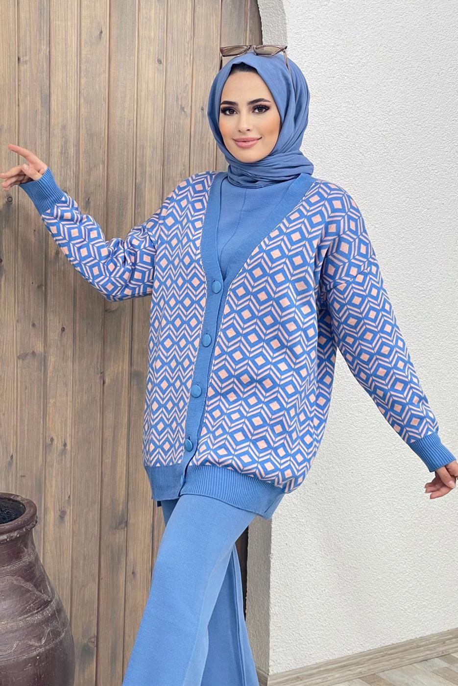 Tesettür giyim MAVİ DESENLİ TRİKO HIRKA 0001