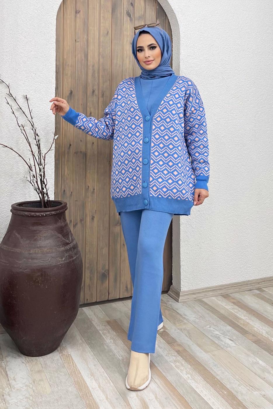 Tesettür giyim MAVİ DESENLİ TRİKO HIRKA 0001