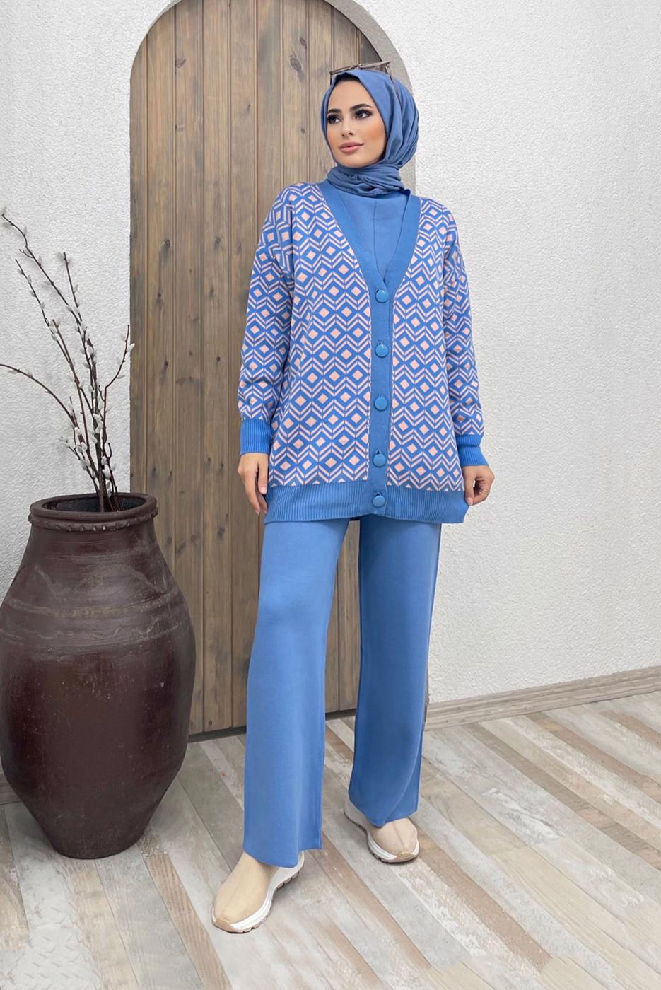 Tesettür giyim MAVİ DESENLİ TRİKO HIRKA 0001