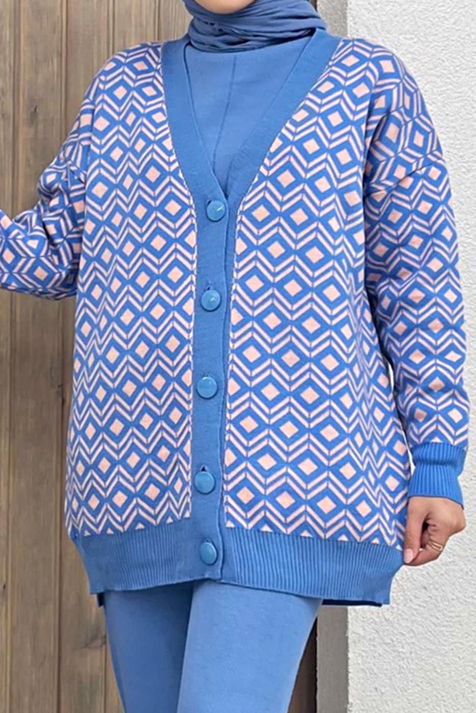 Tesettür giyim MAVİ DESENLİ TRİKO HIRKA 0001
