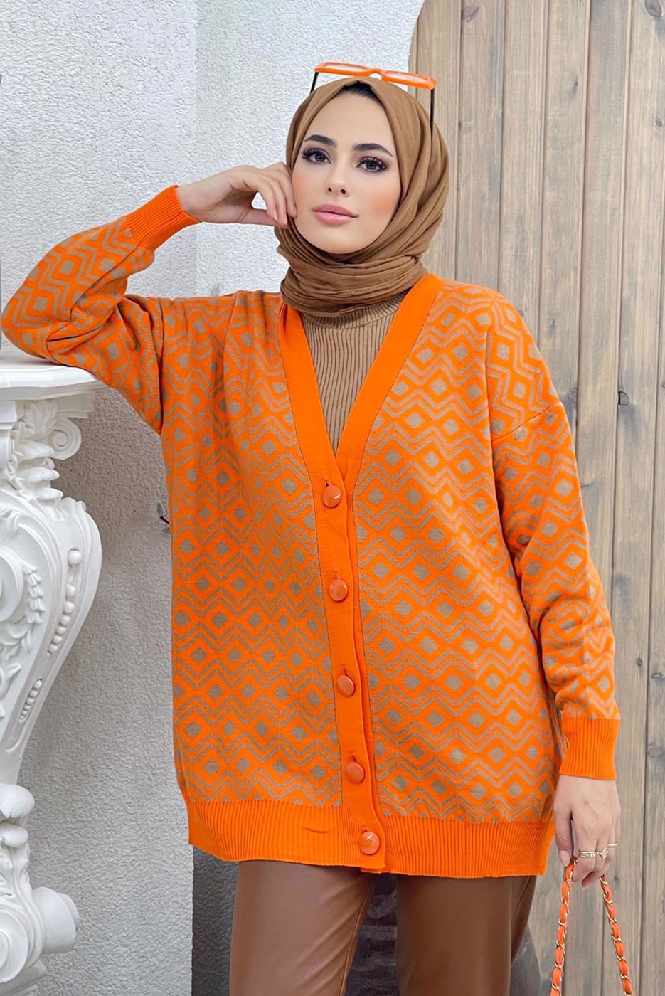 Hijab clothing ORANGE PATTERNED KNITWEAR CARDIGAN 0001 