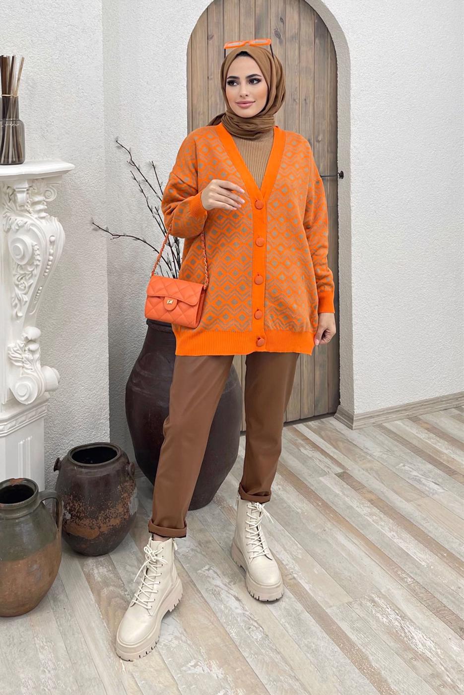 Hijab clothing ORANGE PATTERNED KNITWEAR CARDIGAN 0001 