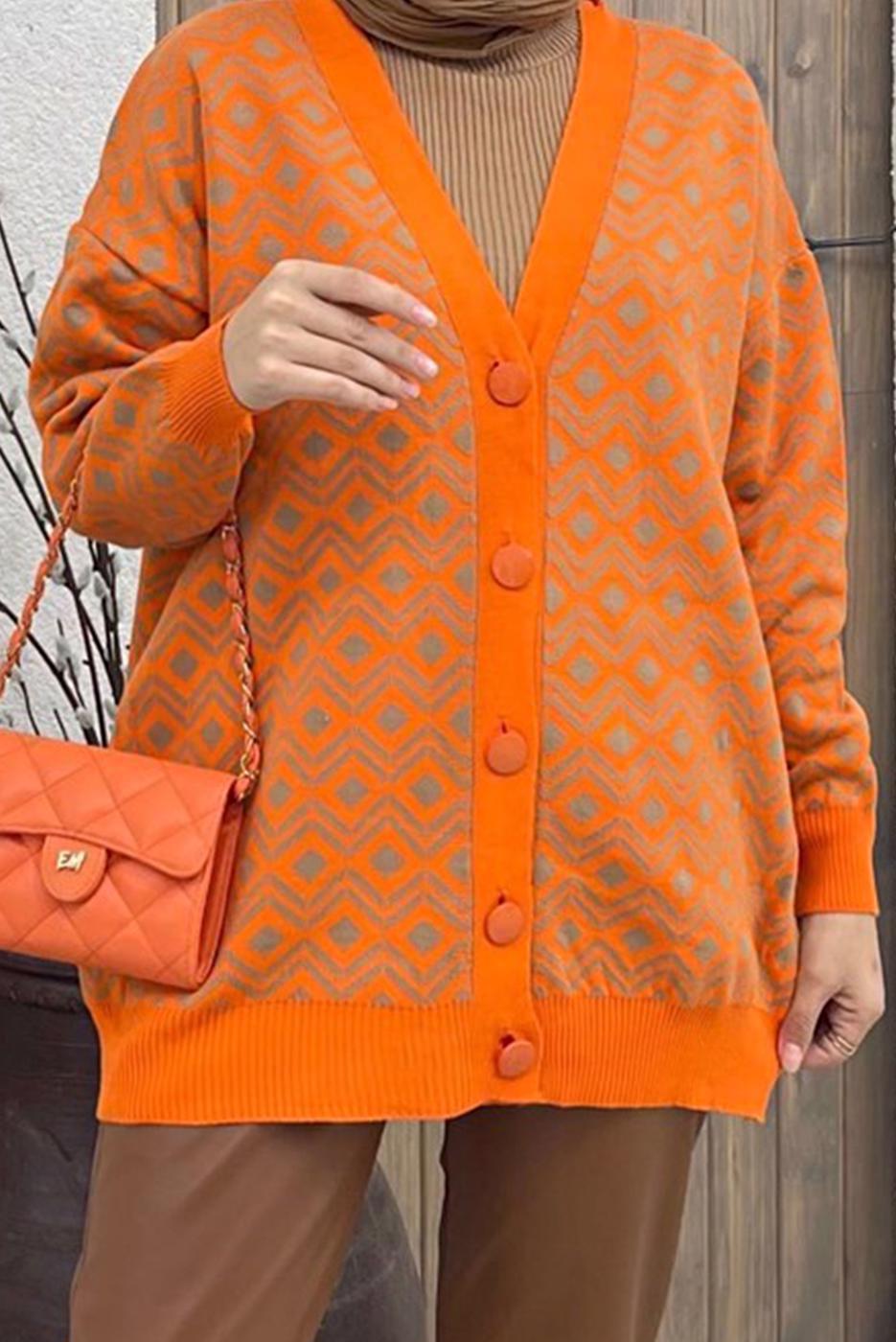 Hijab clothing ORANGE PATTERNED KNITWEAR CARDIGAN 0001 