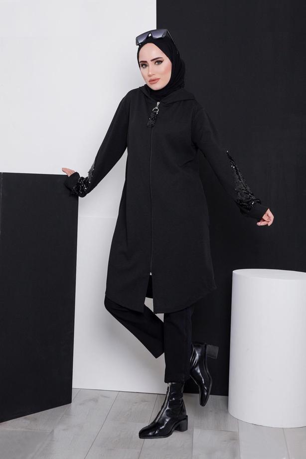 Vêtements hijab NOIR VESTE DE SURVÊTEMENT À CAPUCHE AVEC SEQUINS 4486 - TRENDTESETTÜR