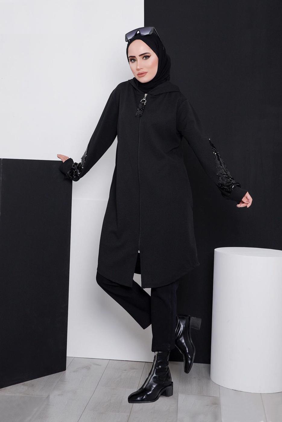 Vêtements hijab NOIR VESTE DE SURVÊTEMENT À CAPUCHE AVEC SEQUINS 4486