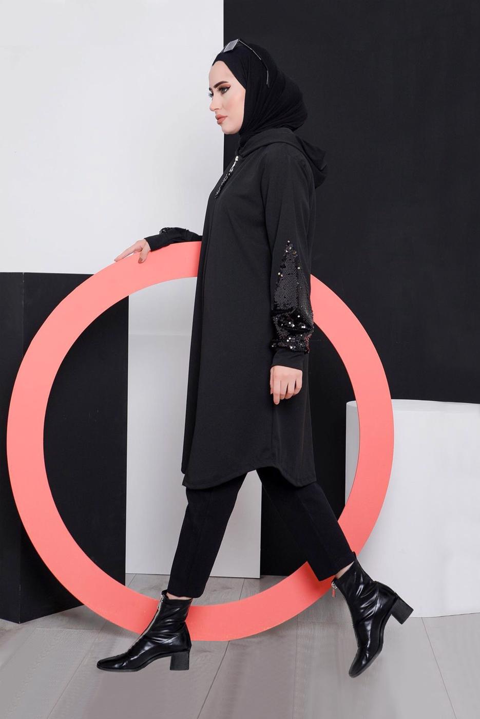 Vêtements hijab NOIR VESTE DE SURVÊTEMENT À CAPUCHE AVEC SEQUINS 4486