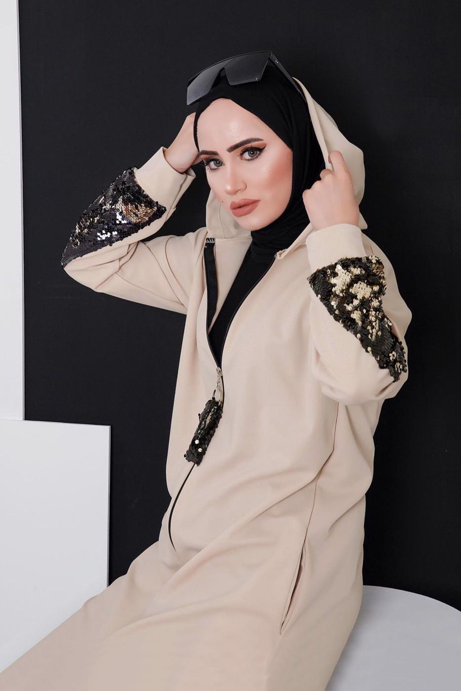 Vêtements hijab BEIGE VESTE DE SURVÊTEMENT À CAPUCHE AVEC SEQUINS 4486